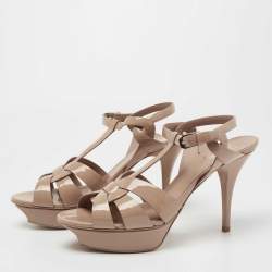 Pre Owned Yves Saint Laurent Beige Patent Leather Tribute Ankle Strap Sandals Size 40.5