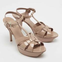 Pre Owned Yves Saint Laurent Beige Patent Leather Tribute Ankle Strap Sandals Size 40.5