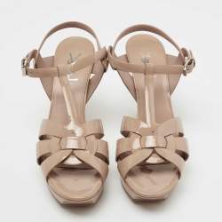 Pre Owned Yves Saint Laurent Beige Patent Leather Tribute Ankle Strap Sandals Size 40.5