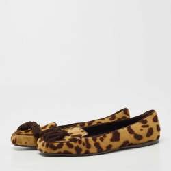 Pre Owned Yves Saint Laurent Brown/Beige Leopard Print Calf Hair Fringe Loafers Size 41