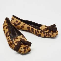 Pre Owned Yves Saint Laurent Brown/Beige Leopard Print Calf Hair Fringe Loafers Size 41