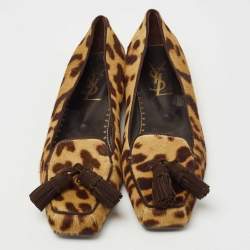 Pre Owned Yves Saint Laurent Brown/Beige Leopard Print Calf Hair Fringe Loafers Size 41
