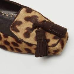 Pre Owned Yves Saint Laurent Brown/Beige Leopard Print Calf Hair Fringe Loafers Size 41