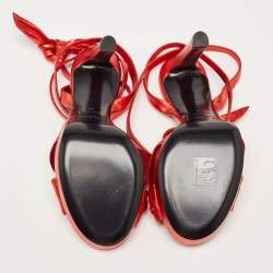 مملوكة مسبقًا Yves Saint Laurent Red Leather Knotted Ankle Wrap Sandals Size 38