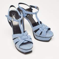 Pre Owned Yves Saint Laurent Blue Denim Tribute Ankle Strap Sandals Size 39