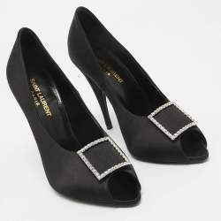 Saint Laurent Black Satin Franky 115 Peep Toe Pumps Size 38