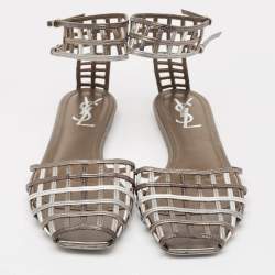 مملوكة مسبقًا Yves Saint Laurent Metallic Tricolor Leather Caged Ankle Strap Flats Size 40