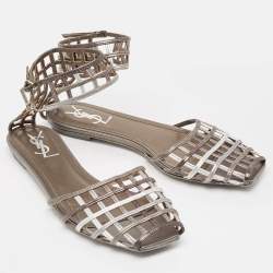مملوكة مسبقًا Yves Saint Laurent Metallic Tricolor Leather Caged Ankle Strap Flats Size 40