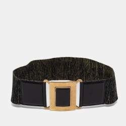 مملوكة مسبقًا Yves Saint Laurent Gold/Black Elastic and Leather Waist Belt 65 CM