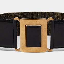 مملوكة مسبقًا Yves Saint Laurent Gold/Black Elastic and Leather Waist Belt 65 CM