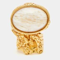 Yves Saint Laurent Arty White Cabochon Glass Gold Tone Ring Size 49