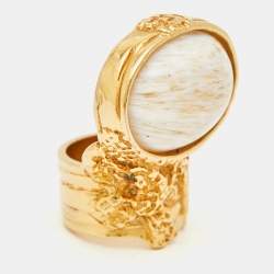 Yves Saint Laurent Arty White Cabochon Glass Gold Tone Ring Size 49
