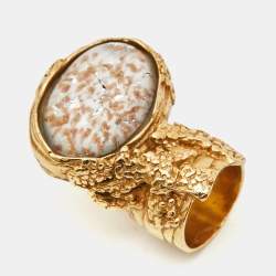Pre Owned Yves Saint Laurent  Arty Glass Gold Tone Ring Size 53