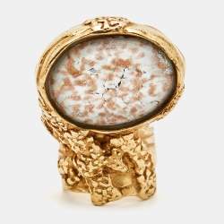 Pre Owned Yves Saint Laurent  Arty Glass Gold Tone Ring Size 53