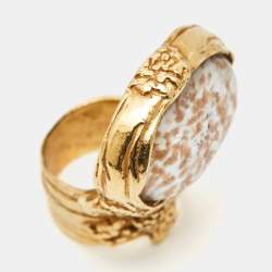Pre Owned Yves Saint Laurent  Arty Glass Gold Tone Ring Size 53