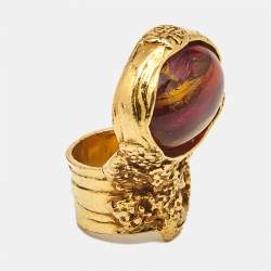 Pre Owned Yves Saint Laurent Arty Multi Color Glass Cabochon Gold Tone Ring Size 54