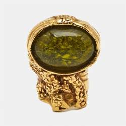 Pre Owned Yves Saint Laurent Arty Glass Gold Tone Ring Size 55