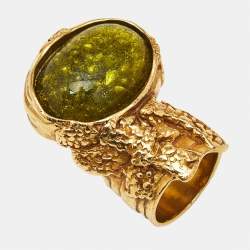 Pre Owned Yves Saint Laurent Arty Glass Gold Tone Ring Size 55