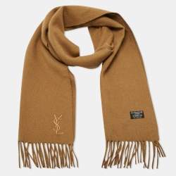 Pre Owned Yves Saint Laurent Vintage Brown Logo Embroidered Wool Fringed Muffler 