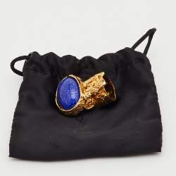 Pre Owned Yves Saint Laurent Blue Cabochon Gold Tone Arty Cocktail Ring Size 52