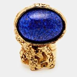 Pre Owned Yves Saint Laurent Blue Cabochon Gold Tone Arty Cocktail Ring Size 52