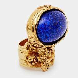 Pre Owned Yves Saint Laurent Blue Cabochon Gold Tone Arty Cocktail Ring Size 52