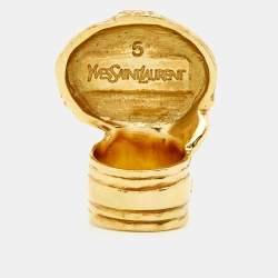 Pre Owned Yves Saint Laurent Arty Pink Glass Cabochon Gold Tone Ring Size 51