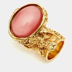 Pre Owned Yves Saint Laurent Arty Pink Glass Cabochon Gold Tone Ring Size 51