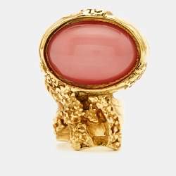 Pre Owned Yves Saint Laurent Arty Pink Glass Cabochon Gold Tone Ring Size 51