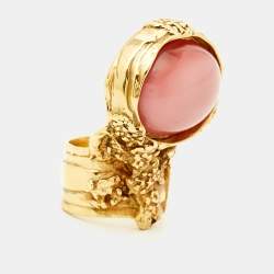 Pre Owned Yves Saint Laurent Arty Pink Glass Cabochon Gold Tone Ring Size 51