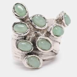 Pre Owned Yves Saint Laurent Arty Dots Green Cabochon Silver Tone Ring Size 49