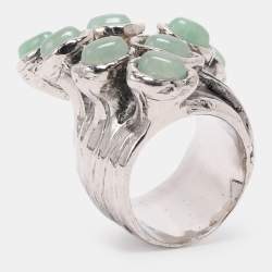 Pre Owned Yves Saint Laurent Arty Dots Green Cabochon Silver Tone Ring Size 49