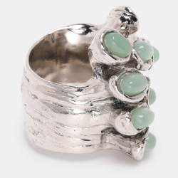 Pre Owned Yves Saint Laurent Arty Dots Green Cabochon Silver Tone Ring Size 49