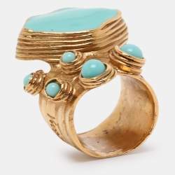 Pre Owned Yves Saint Laurent Arty Dots Green Cabochon Gold Tone Ring Size 49
