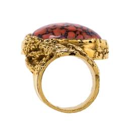Pre Owned Yves Saint Laurent Arty Glass Cabochon Gold Tone Cocktail Ring Size 6