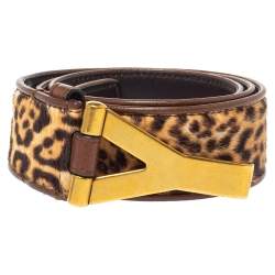 Pre Owned Yves Saint Laurent Brown Animal Print Calf Hair Y Buckle Belt 90CM