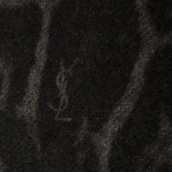 Yves Saint Laurent Grey Leopard Patterned Cashmere Wool Scarf