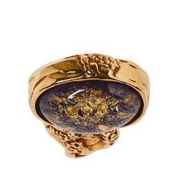 Pre Owned Yves Saint Laurent Arty Glass Cabochon Gold Tone Cocktail Ring Size 54