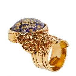 Pre Owned Yves Saint Laurent Arty Glass Cabochon Gold Tone Cocktail Ring Size 54