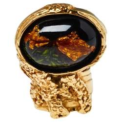 Pre Owned Yves Saint Laurent Black Cabochon Ovale Arty Ring Size EU 57