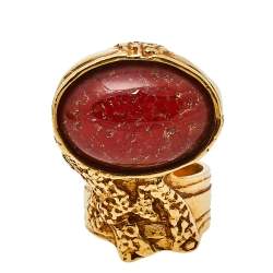 Pre Owned Yves Saint Laurent Red Glass Cabochon Arty Ring Size EU 57