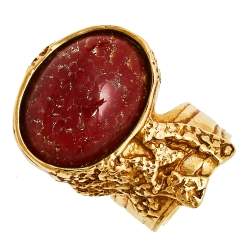 Pre Owned Yves Saint Laurent Red Glass Cabochon Arty Ring Size EU 57