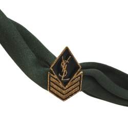 Pre Owned Yves Saint Laurent Logo Medallion Olive Green Satin Silk Choker
