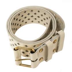 Pre Owned Yves Saint Laurent White Perforated Patent Leather Buckle Belt 90CM