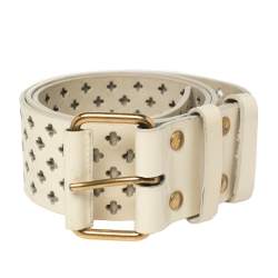 Pre Owned Yves Saint Laurent White Perforated Patent Leather Buckle Belt 90CM