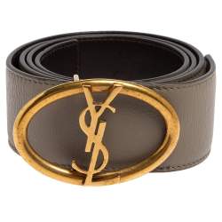 Pre Owned Yves Saint Laurent Grey Leather Logo Oval Buckle Belt 80CM