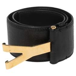 Pre Owned Yves Saint Laurent Black Leather Y Buckle Belt 70CM