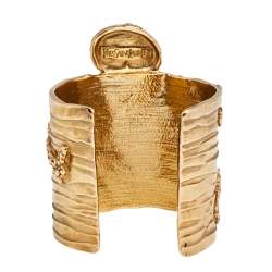 Pre Owned Yves Saint Laurent Green Glass Cabochon Gold Tone Cuff Bracelet