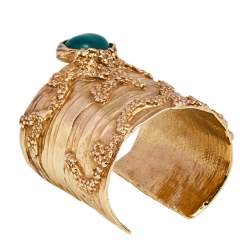 Pre Owned Yves Saint Laurent Green Glass Cabochon Gold Tone Cuff Bracelet