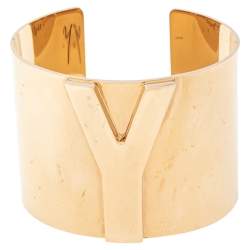 Pre Owned Yves Saint Laurent Y Gold Tone Wide Cuff Bracelet